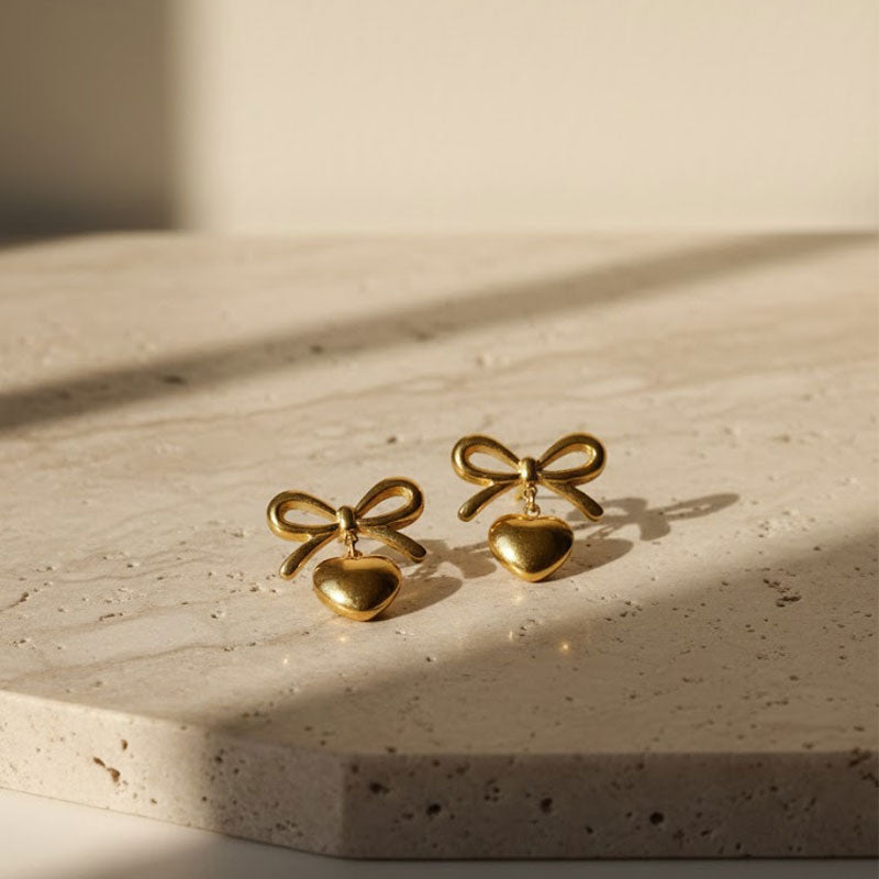 Gold bow heart artificial earrings for women