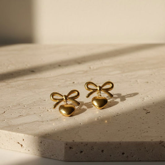 Gold bow heart artificial earrings for women